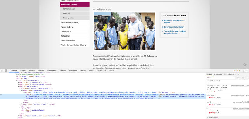 Screenshot der Website des Bundespräsidenten Frank-Walter Steinmeier